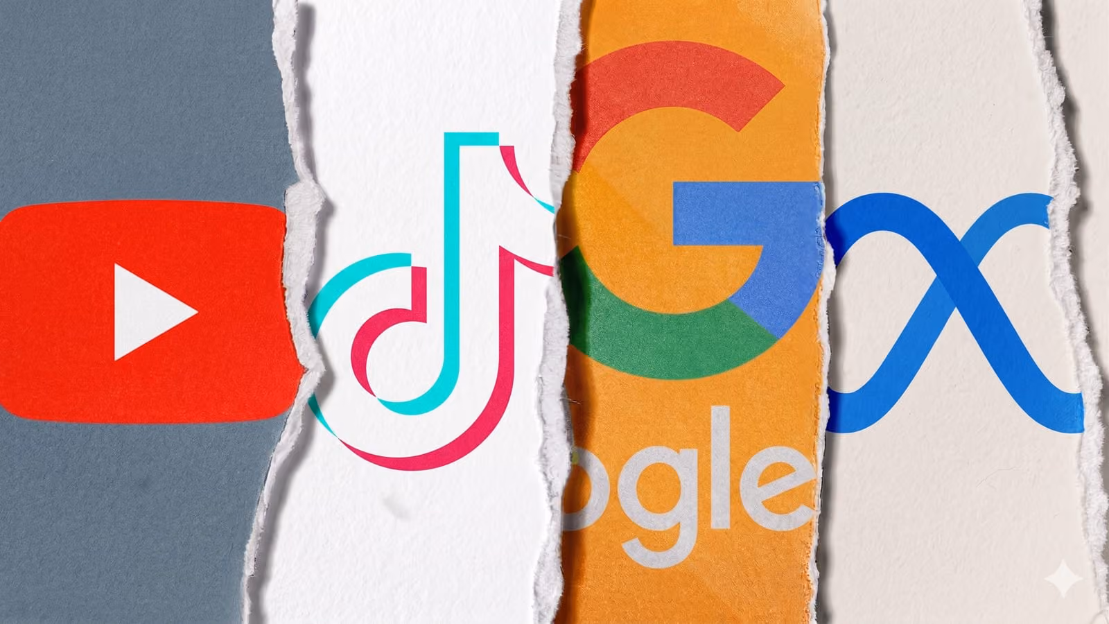 A torn-paper collage of platform logos — YouTube, TikTok, Google, X — the discovery channels AI is displacing.